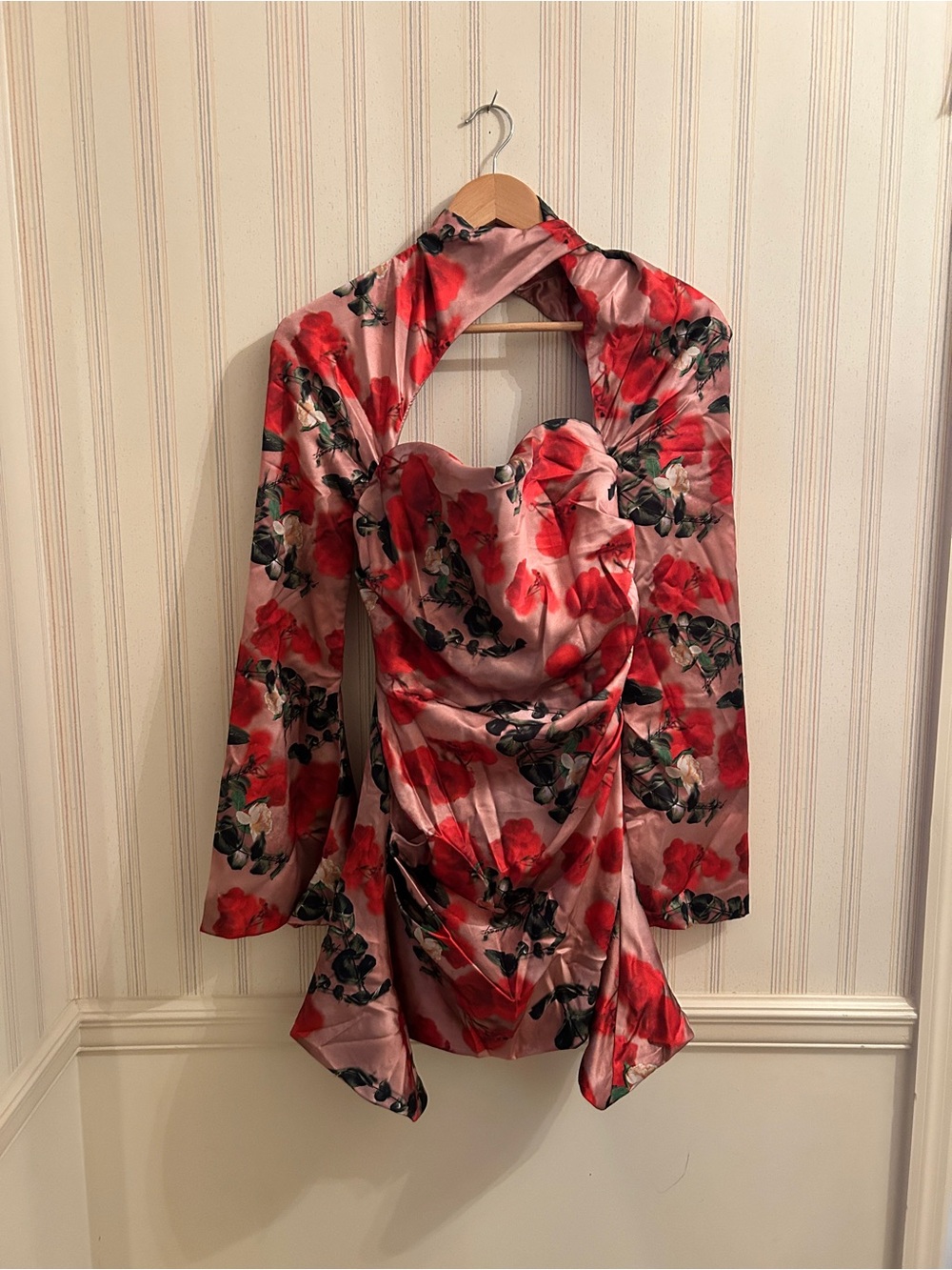 House of CB Floral Red Satin Draped Mini Dress